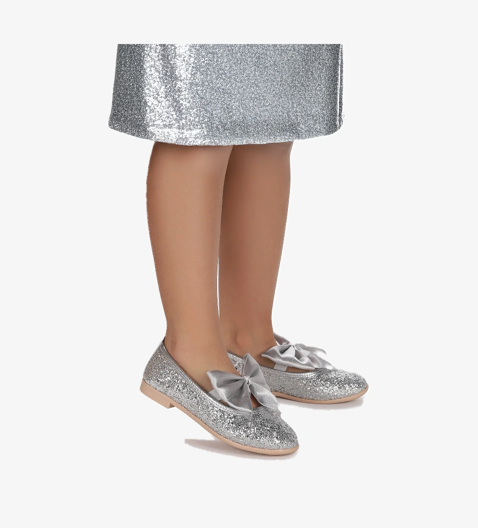 Tari Cam Kırığı Fiyonk Lastikli Kız Çocuk Babet Ayakkabı Gümüş