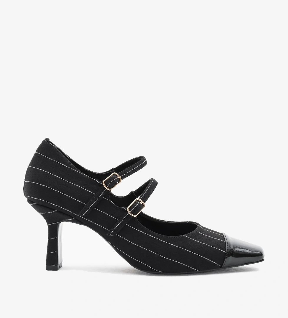 Kadın Siyah Neolit Taban Çift Tokalı Çizgili Desen Sivri Burunlu Topuklu Ayakkabı - Görsel 1