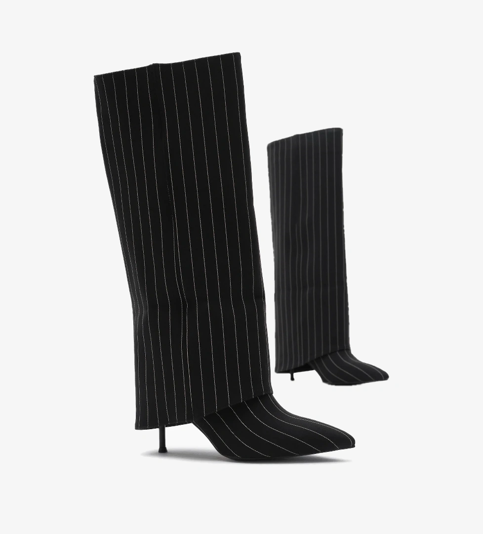 Kadın Siyah Neolit Taban Çizgili Desen Keten Sivri Burunlu Topuklu Çizme - Görsel 1