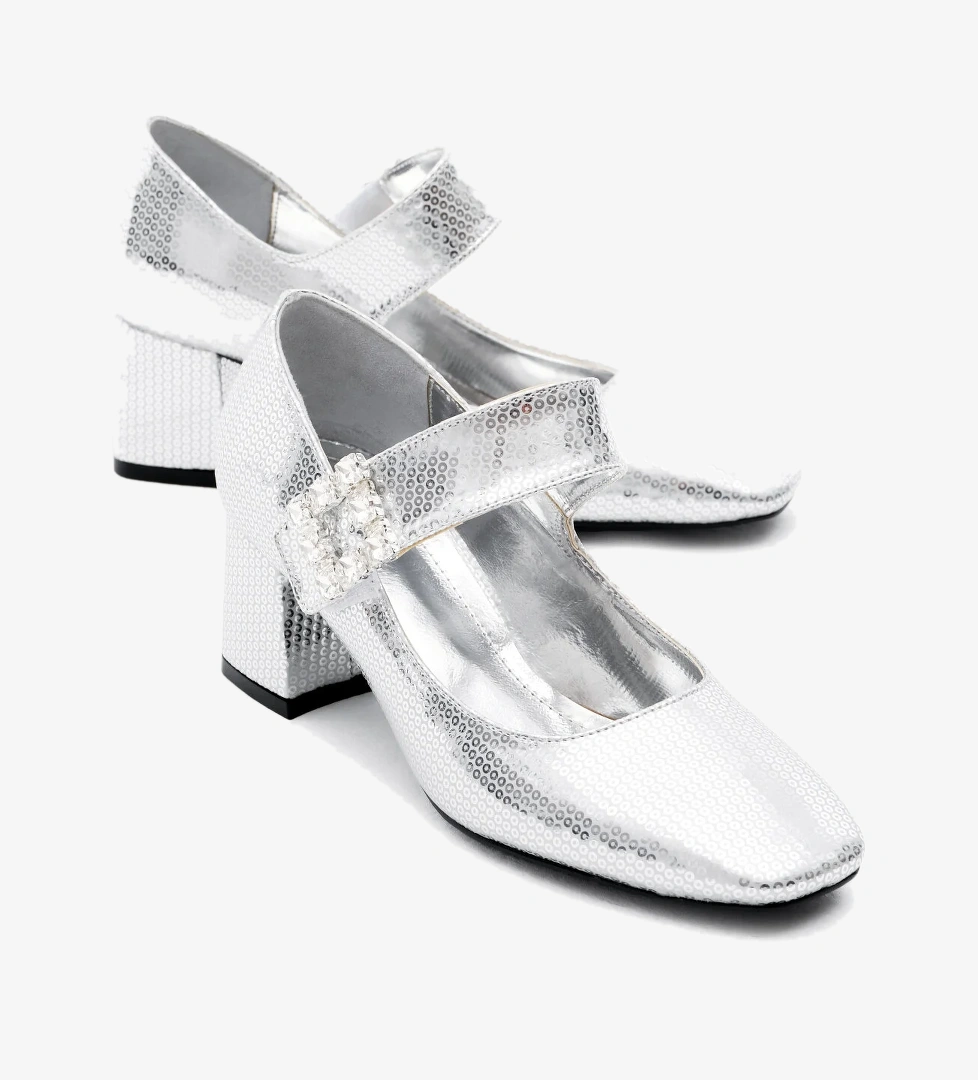 Kadın Gümüş Neolit Taban Desenli Cırtlı Taş Tokalı Topuklu Ayakkabı