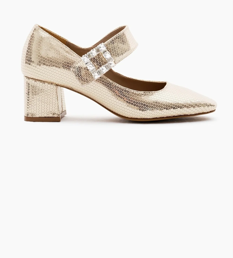 Kadın Gold Neolit Taban Desenli Cırtlı Taş Tokalı Topuklu Ayakkabı - Görsel 1