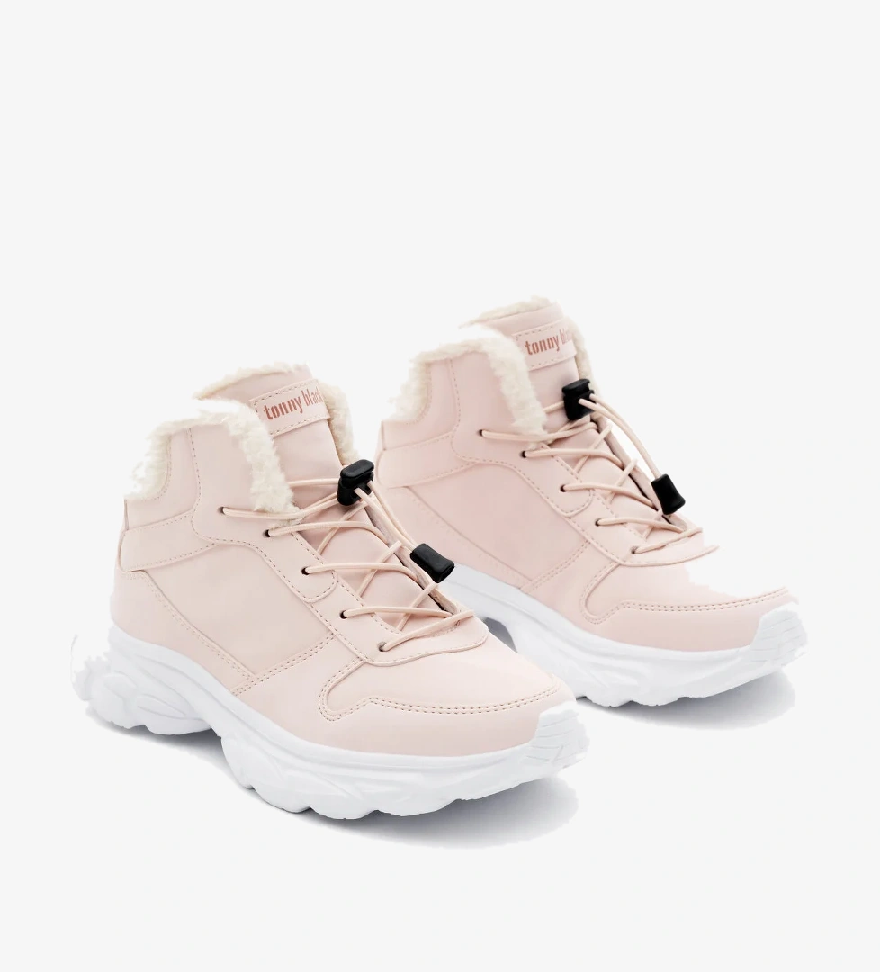 Çocuk Unisex Pudra Faylon Taban İçi Kürklü Lastik Bağcıklı Bot