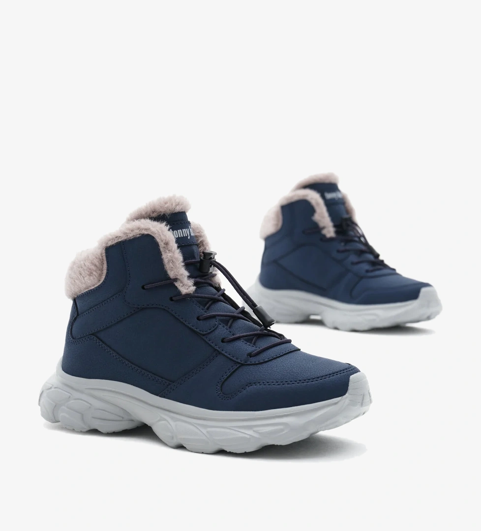 Çocuk Unisex Lacivert Faylon Taban İçi Kürklü Lastik Bağcıklı Bot