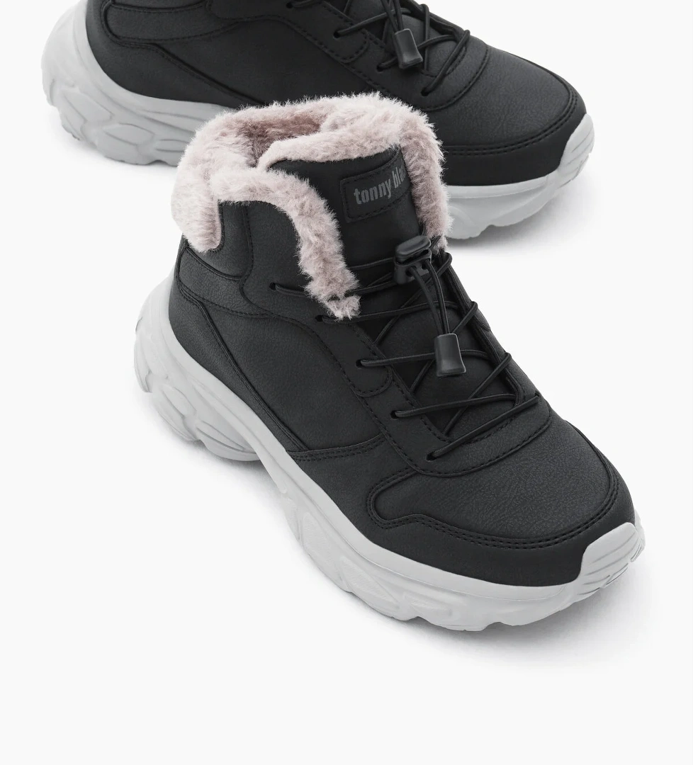 Çocuk Unisex Siyah Faylon Taban İçi Kürklü Lastik Bağcıklı Bot