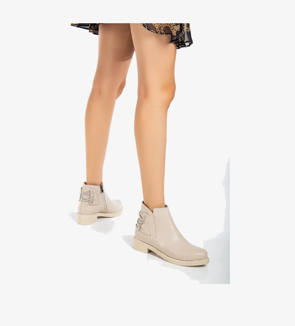 Kadın Ten Cilt Termo Taban Arkası Taşlı İp Geçişli Fermuarlı Kısa Topuklu Bot - Görsel 1