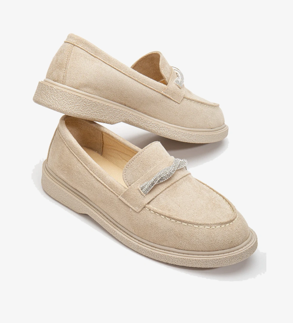 Kadın Ten Süet Rahat Kalıp Önü Sarmal Taşlı Günlük Loafer