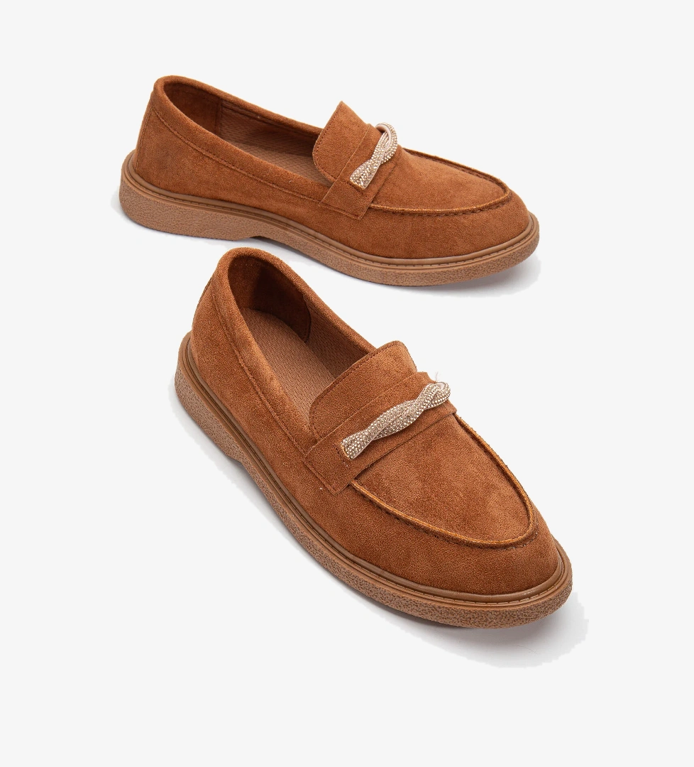 Kadın Taba Süet Rahat Kalıp Önü Sarmal Taşlı Günlük Loafer