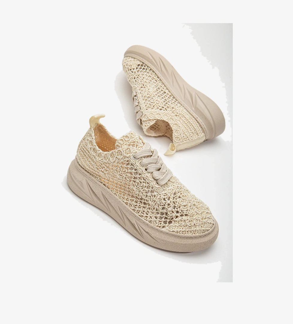 Tonny Black Kadın Ten Dantel Kumaş Kalın Taban Bağcıklı Spoır Ayakkabı model görseli