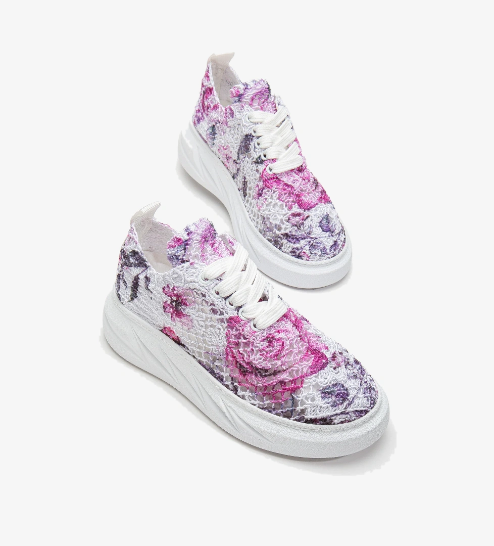 Kadın Mor Rahat Kalıp Desenli Kalın Taban Bağcıklı Spor Ayakkabı