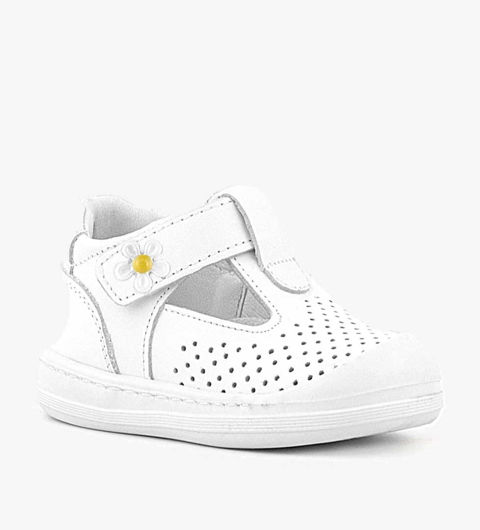 Shaun Hakiki Deri Beyaz Papatya Detaylı Cırtlı Anatomik Bebek Sandalet - Görsel 1