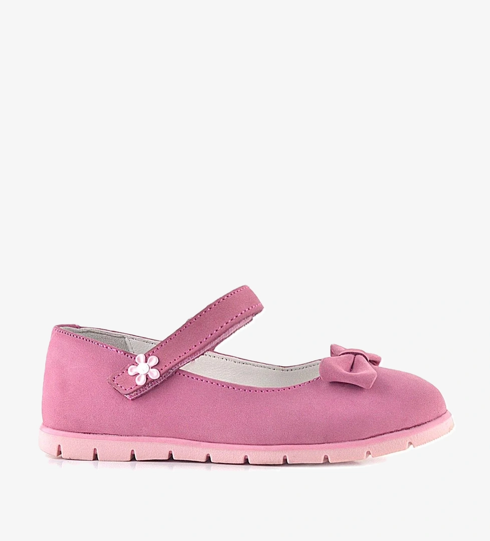 Rakerplus Hakiki Deri Pembe Fiyonklu Çiçek Detaylı Cırtlı Kız Çocuk Babet model görseli