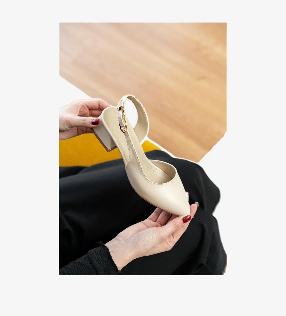 Aura Bej Yanı Tokalı (4 cm Topuk Boyu ) Sivri Burun Topuklu Babet Ayakkabı