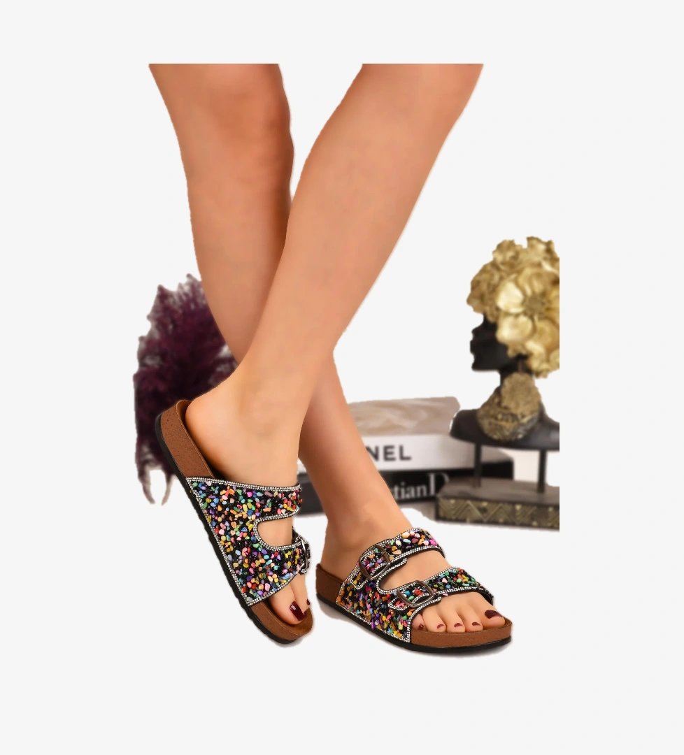 Doğal Taşlı Ortopedik Tabanlı Kadın Terlik Çift Bantlı Tokalı Günlük Rahat Terlik - Görsel 1