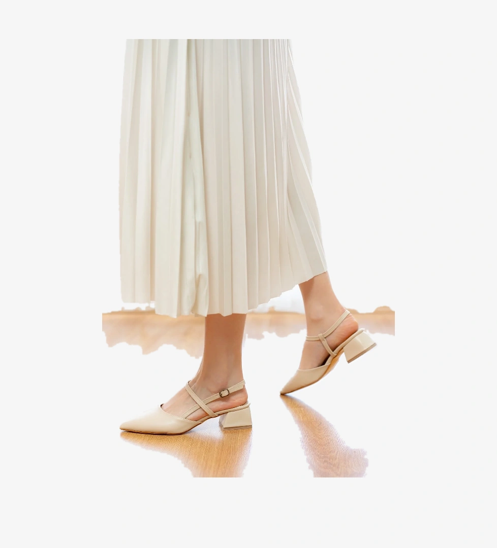 Elsa Bej Bileğe Dolamalı (4 cm Topuk Boyu ) Sivri Burun Topuklu Babet Ayakkabı