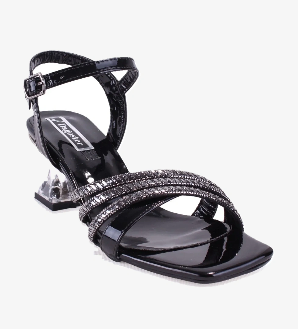 DZA07-1284055 Siyah Rugan Şeffaf Topuklu Abiye Kadın Ayakkabı