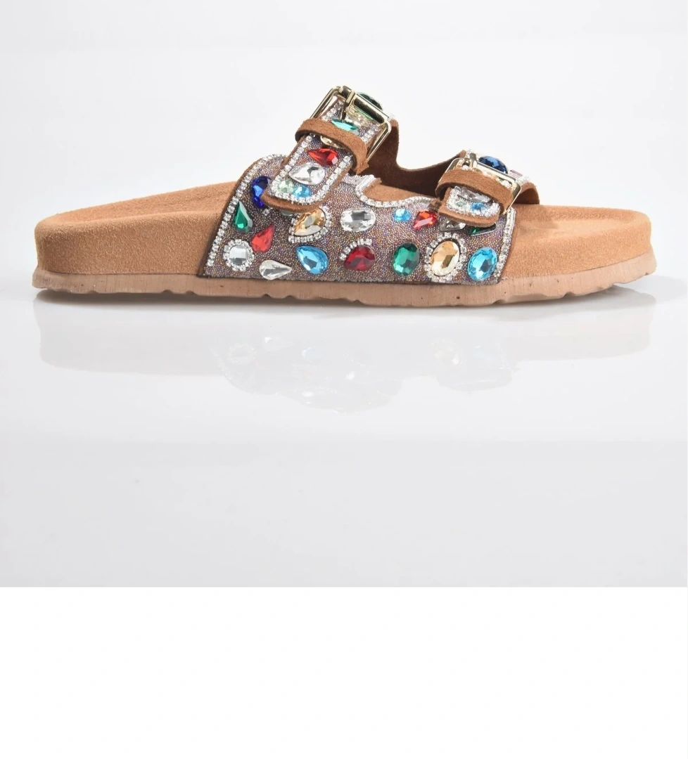 8028 Kadın Taşlı Deri Terlik - Görsel 1