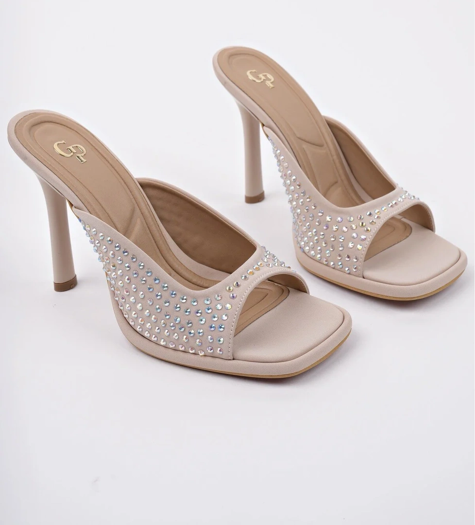 PUJA Küt Burun İnce Topuklu Taşlı Kadın Topuklu Terlik