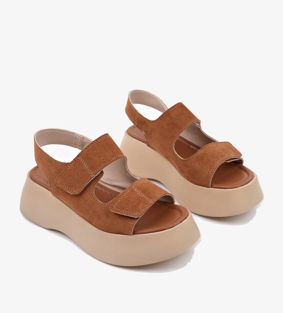 Muggo Muggo NANSHE Kalın Taban Çift Bantlı Cırtlı Günlük Kadın Sandalet Flo'da! Taba - 1. görsel