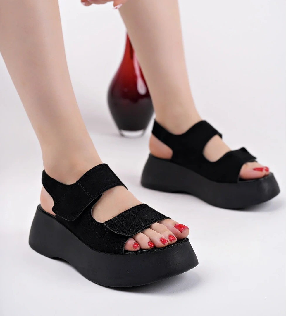 Muggo NANSHE Kalın Taban Çift Bantlı Cırtlı Günlük Kadın Sandalet