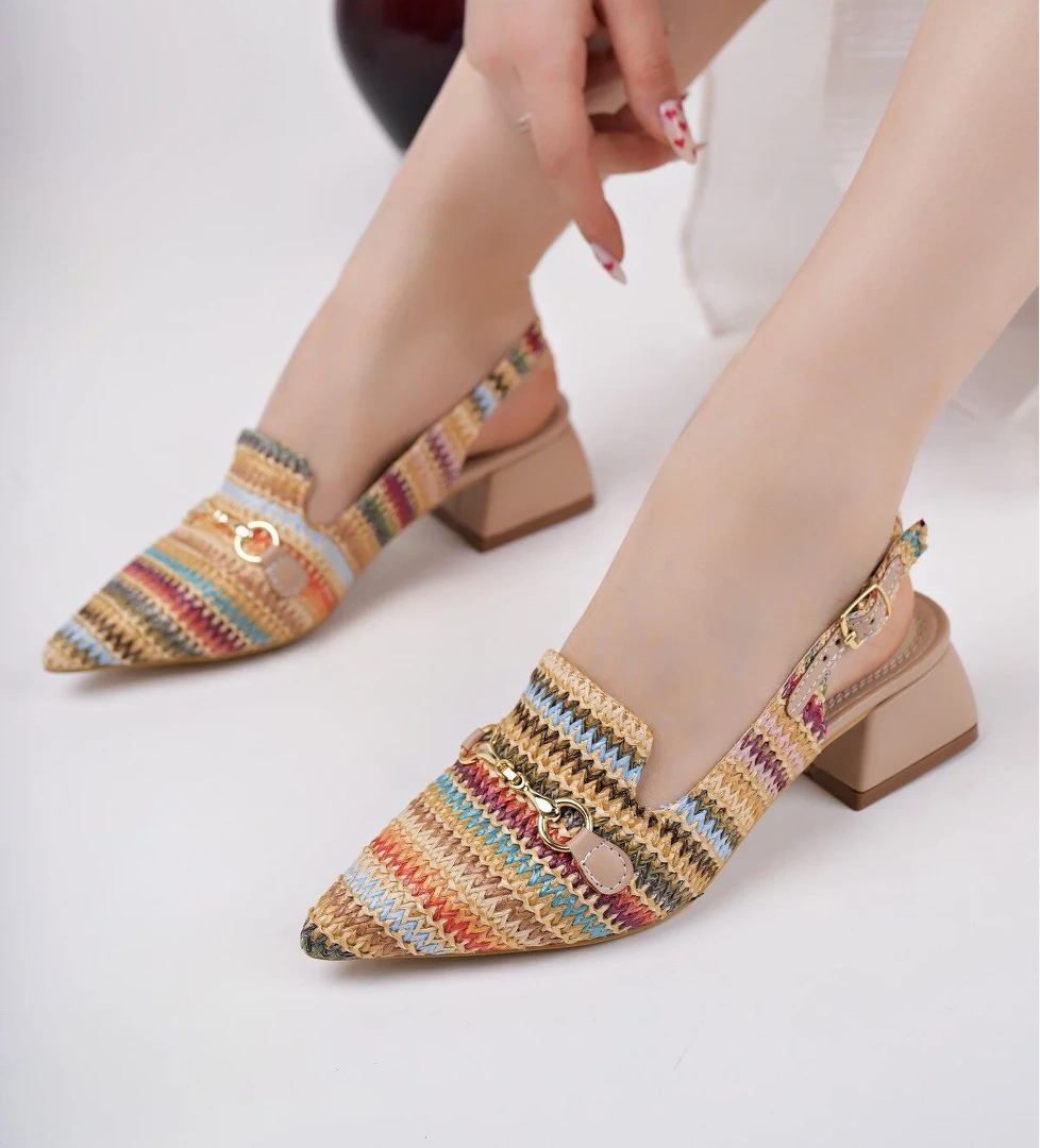 HERJEE Sivri Burun Arkası Açık Hasır Kadın Günlük Kısa Topuklu Ayakkabı