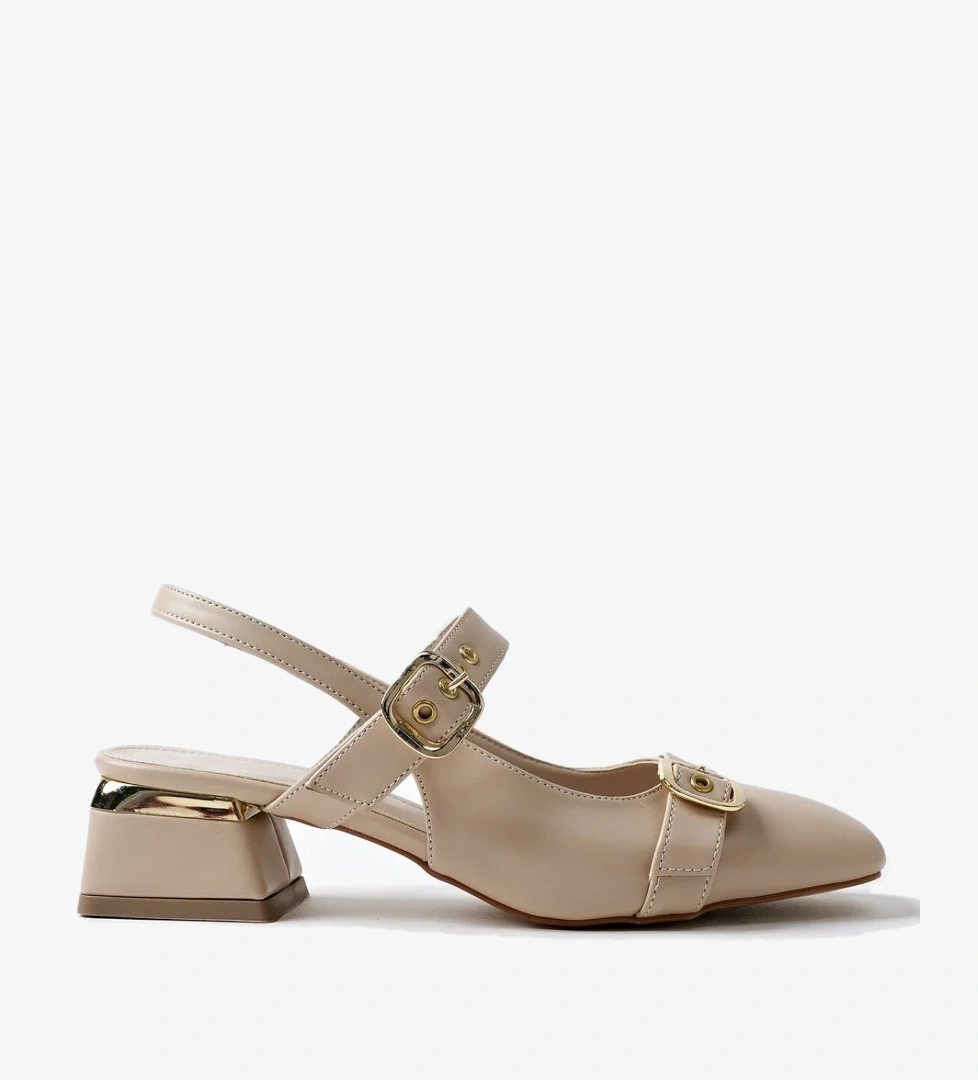 YUQİ Arkası Açık Küt Burun Çift Kemerli Kadın Günlük Klasik Kısa Topuklu Ayakkabı