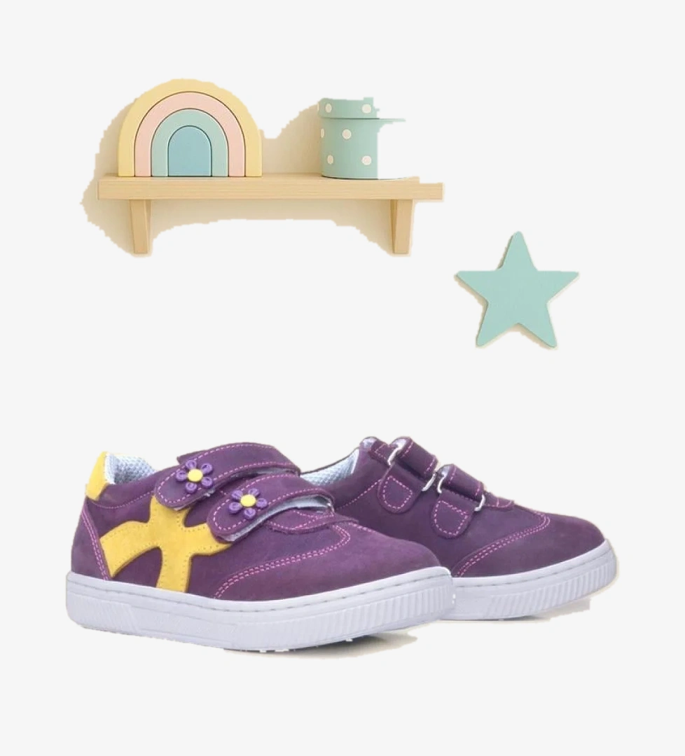 Hakiki Deri Mor Sarı Cırtlı Çiçek Detaylı Kız Çocuk Günlük Ayakkabı - Görsel 1