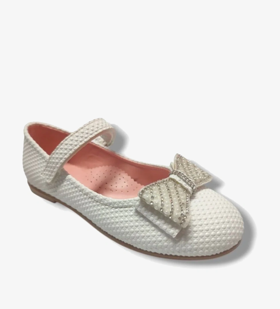 Baskı Deri Taşlı Fiyonk Cırt Bantlı Kız Çocuk Babet 31-36