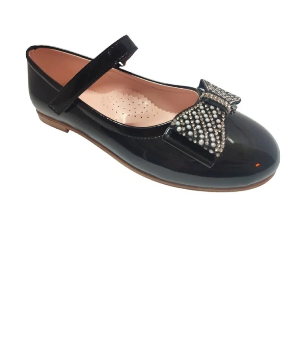 Rugan Deri Taşlı Fiyonk Cırt Bantlı Kız Çocuk Babet 31-36 - Görsel 1