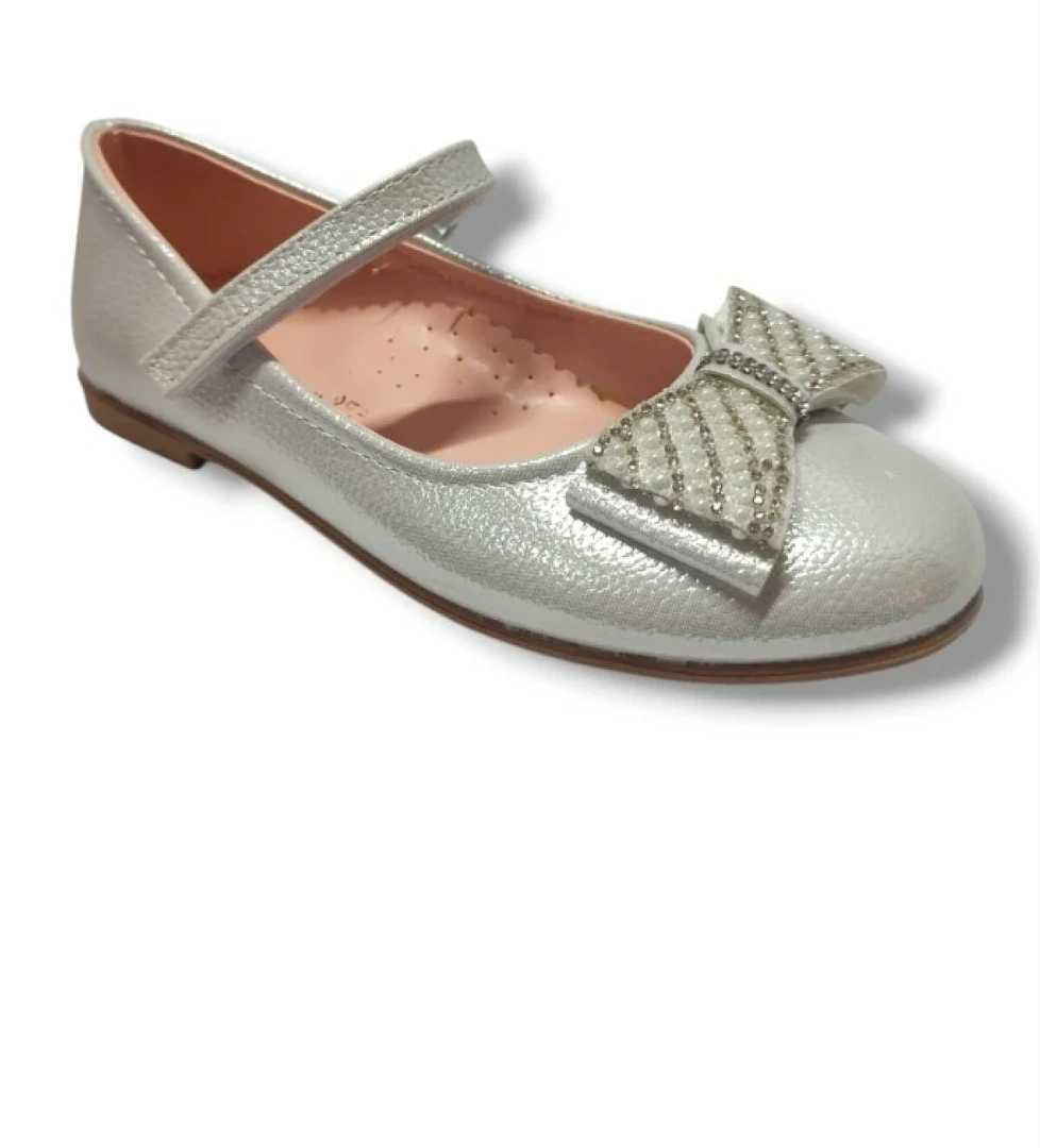 Parlak Baskı Deri Taşlı Fiyonk Cırt Bantlı Kız Çocuk Babet 26-30 - Görsel 1