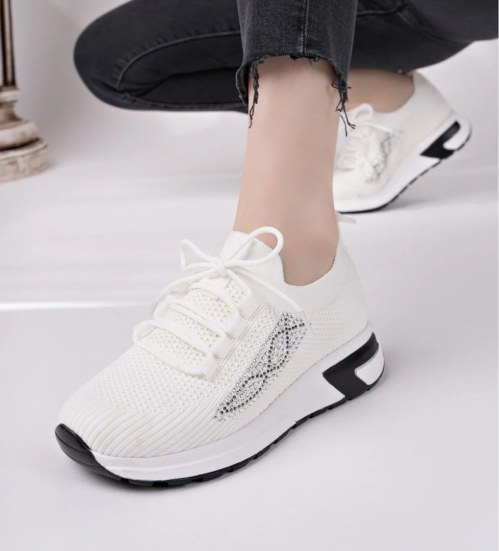 MARTHA Kadın Kalın Taban Günlük Triko Taşlı Bağcıklı Sneaker Spor Ayakkabı