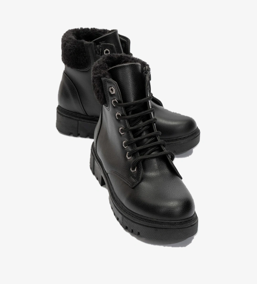 Kadın Kürklü Bağcıklı Bot SİYAH CİLT - Görsel 1