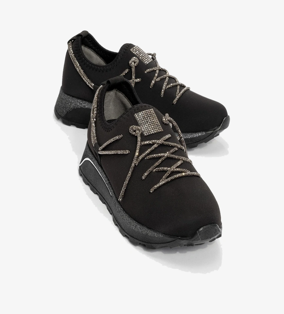 Kadın Taş Bağcıklı Streç Spor Ayakkabı SİYAH PLATİN