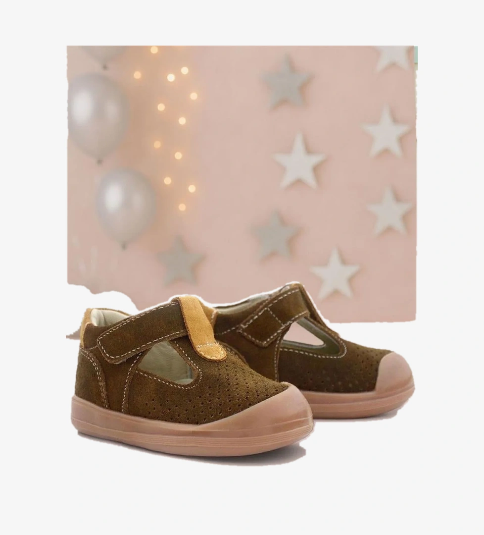 Shaun Hakiki Deri Kahverengi Taba Cırtlı Anatomik Bebek Sandalet - Görsel 1