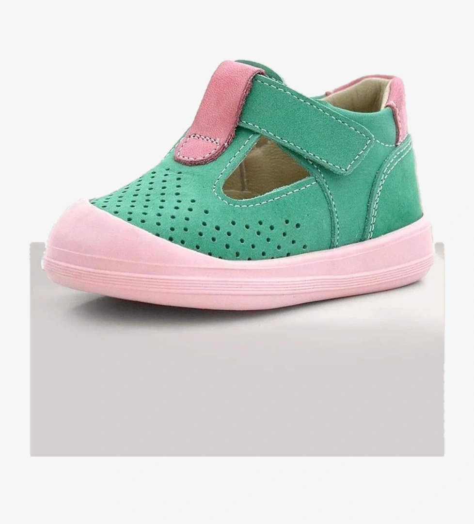 Shaun Hakiki Deri Su Yeşili Pembe Cırtlı Anatomik Kız Bebek Sandalet - Görsel 1