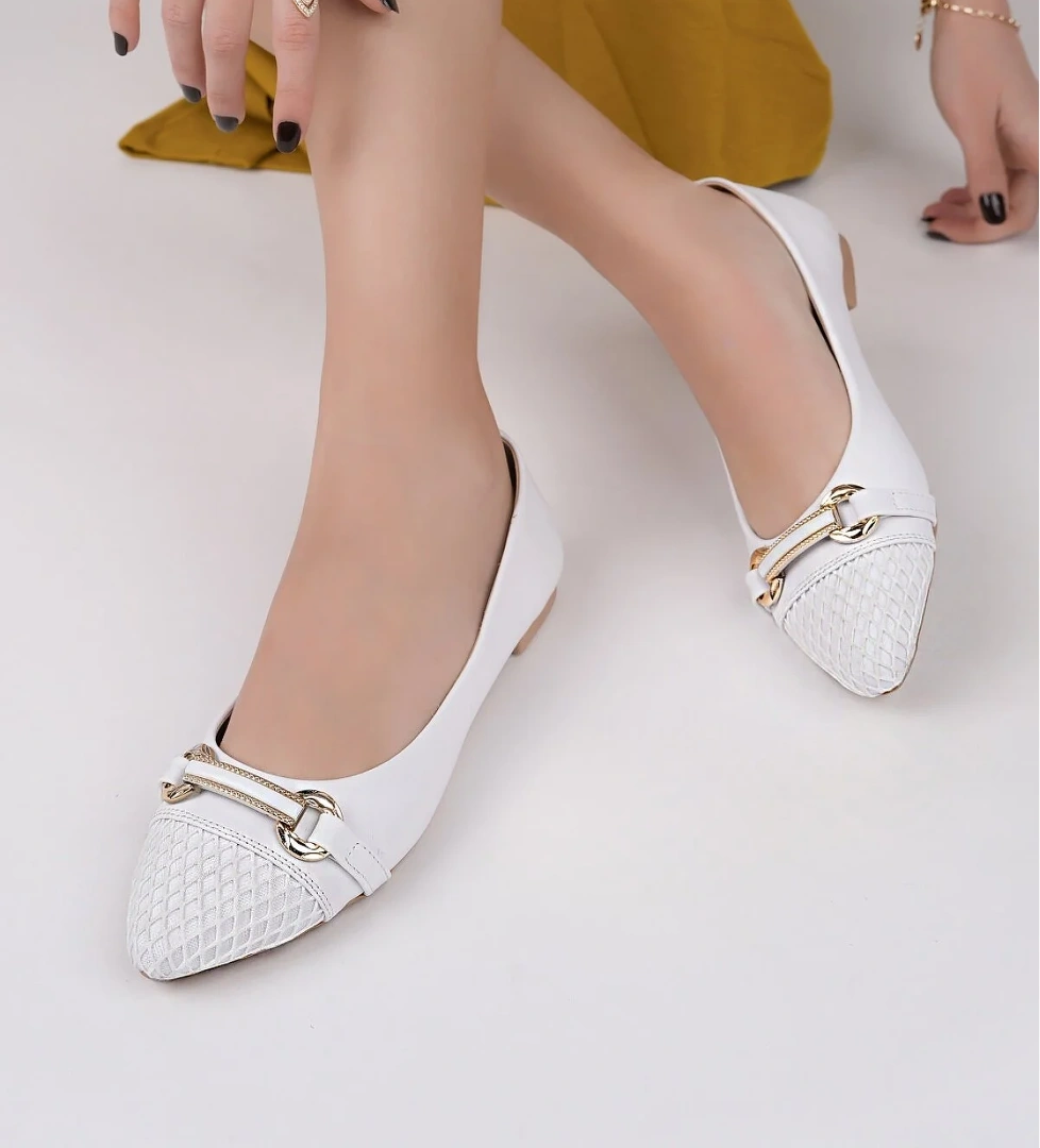 Kadın Yazlık Rahat Fileli Sivri Burun Babet Ayakkabı Ahmet Dede 055 Beyaz