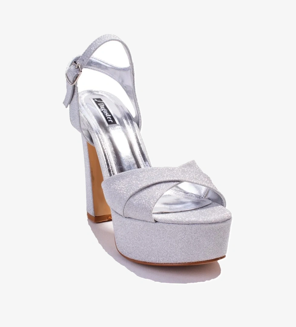 DZA07-337350 Gümüş Simli Tek Bant Platform Topuklu Kadın Ayakkabı