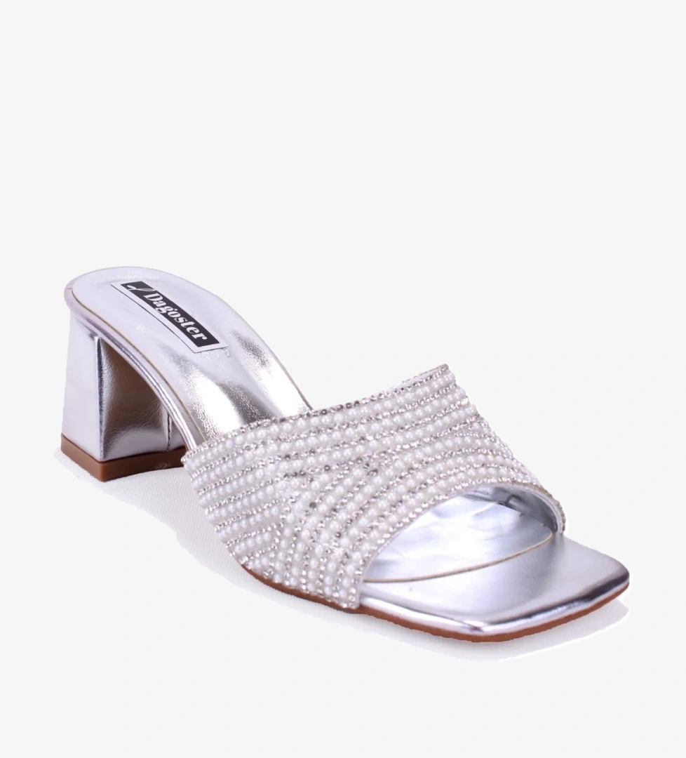 DZA07-1296103 Gümüş Topuklu Abiye Kadın Terlik - Görsel 1