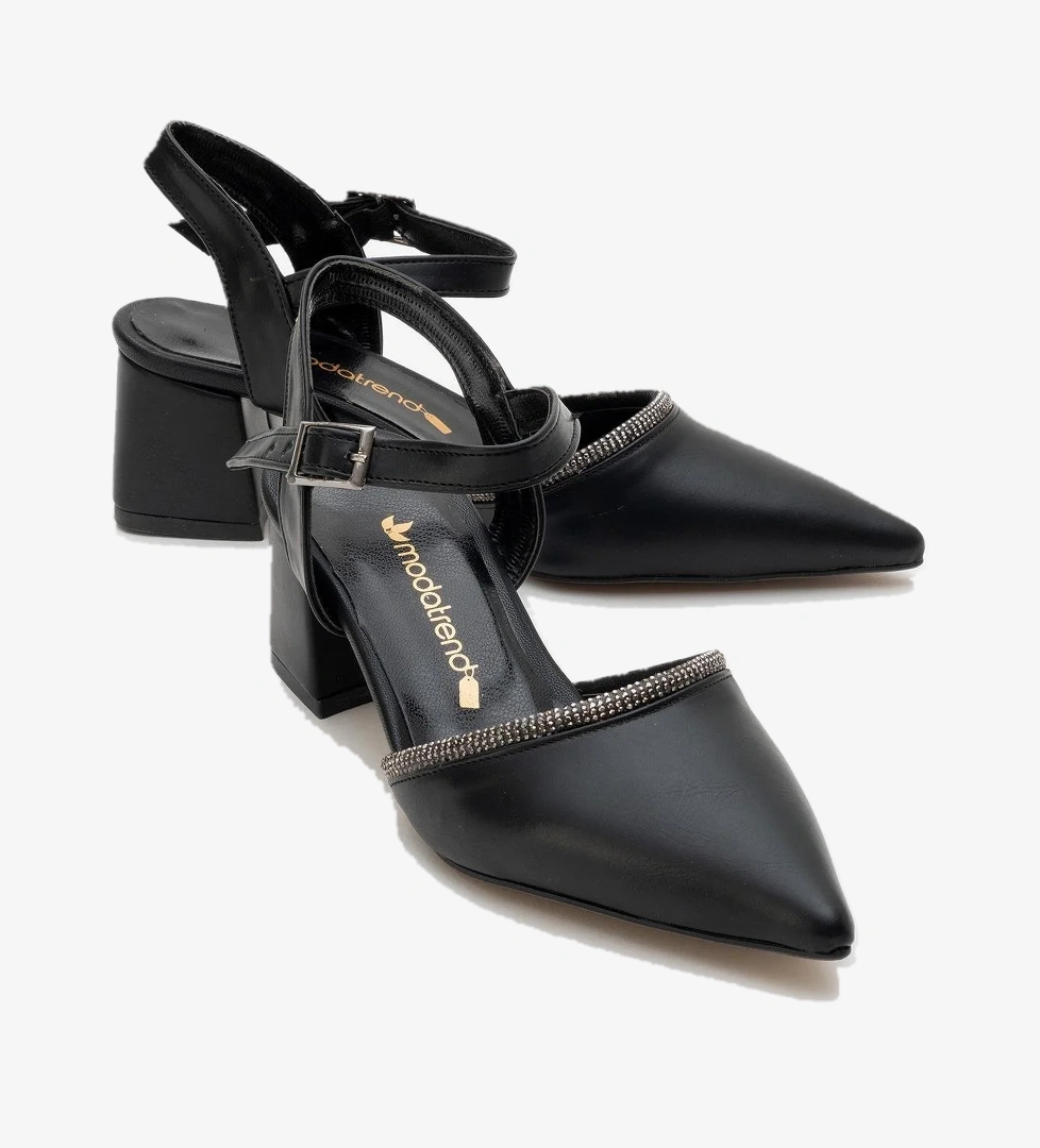 Kadın Taşlı Topuklu Ayakkabı SİYAH CİLT