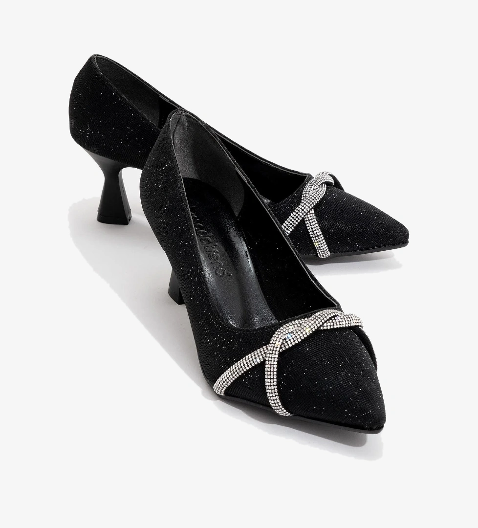 Çapraz Taşlı Kadın Stiletto Ayakkabı SİYAH SİM