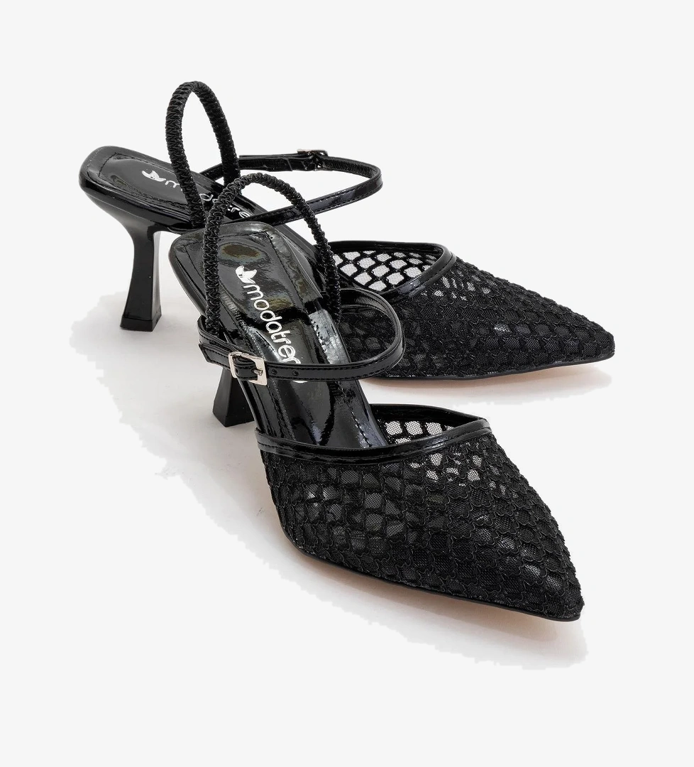 Kadın Arkası Lastikli Fileli Topuklu Ayakkabı SİYAH RUGAN - Görsel 1