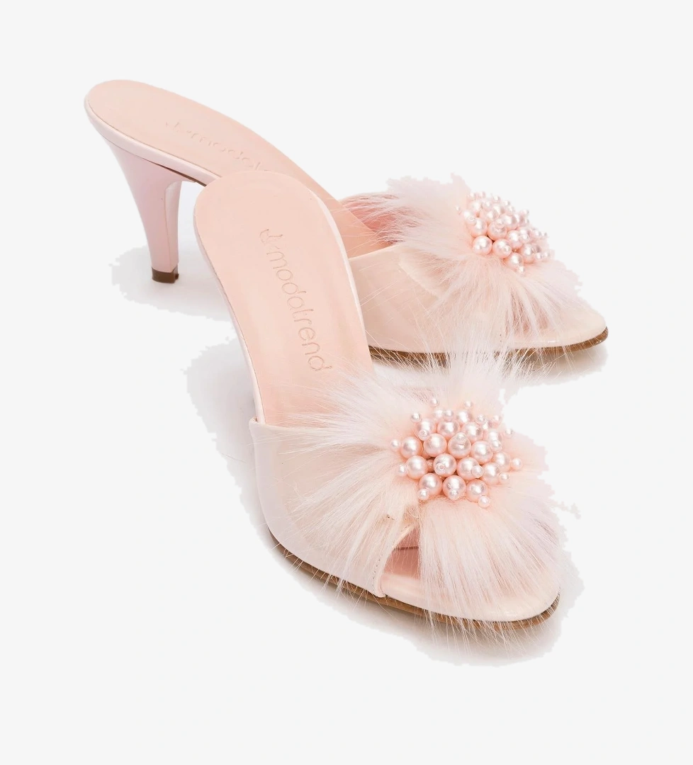 Kadın Tüylü İncili Topuklu Terlik PUDRA RUGAN - Görsel 1