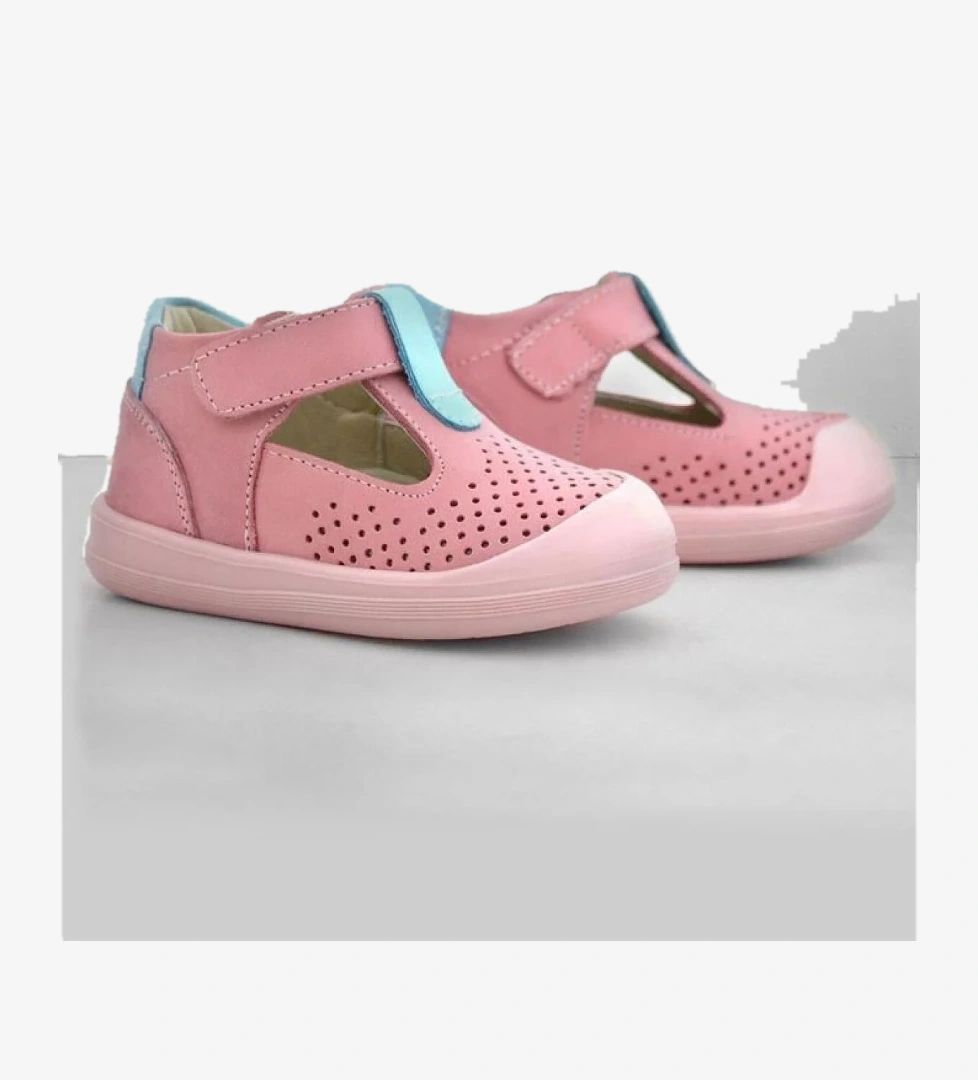 Shaun Hakiki Deri Pembe Mavi Cırtlı Anatomik Bebek Sandalet - Görsel 1