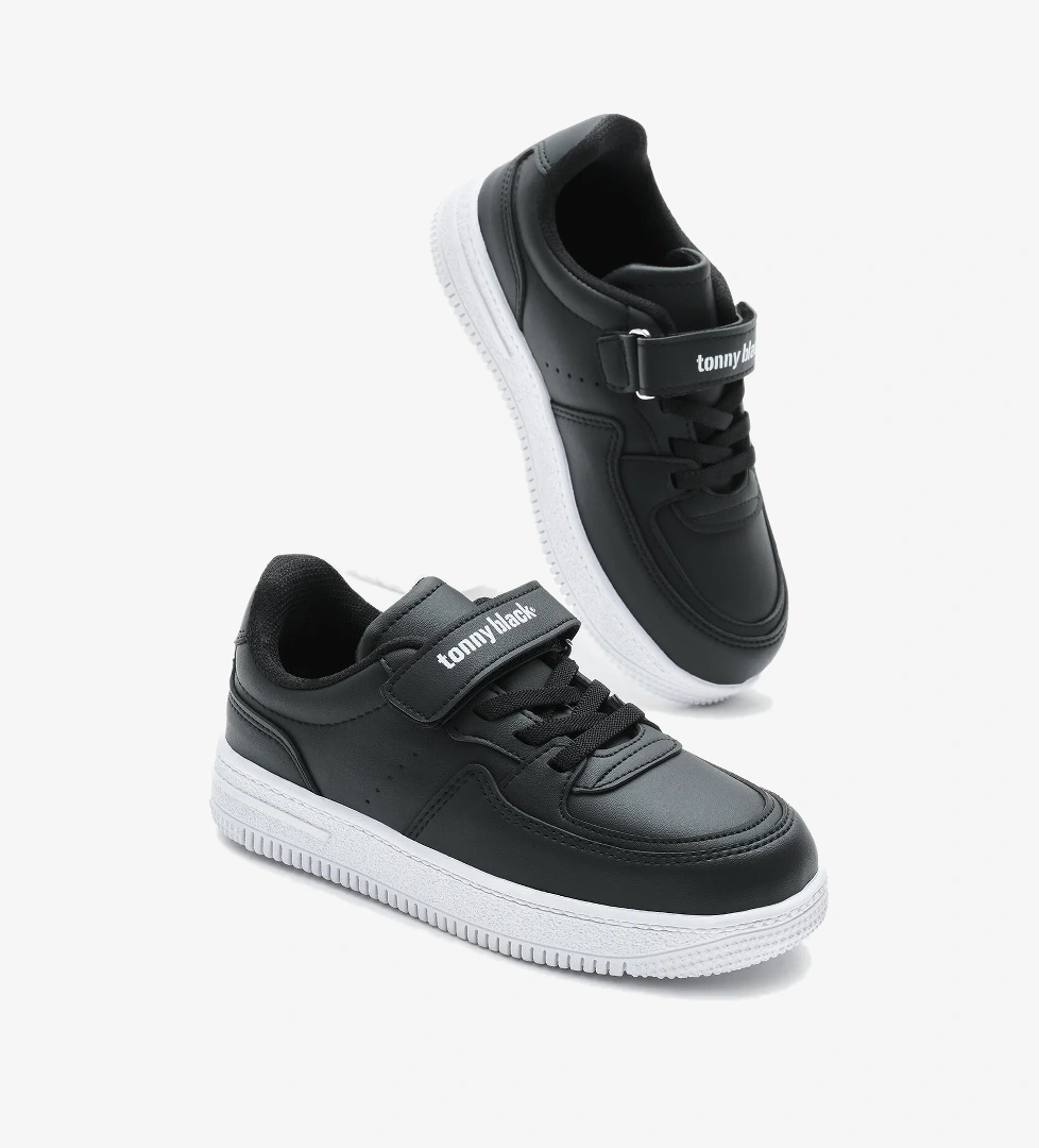 Çocuk Unisex Siyah Beyaz Termo Taban Cırtlı Lastik Bağcıklı Spor Ayakkabı