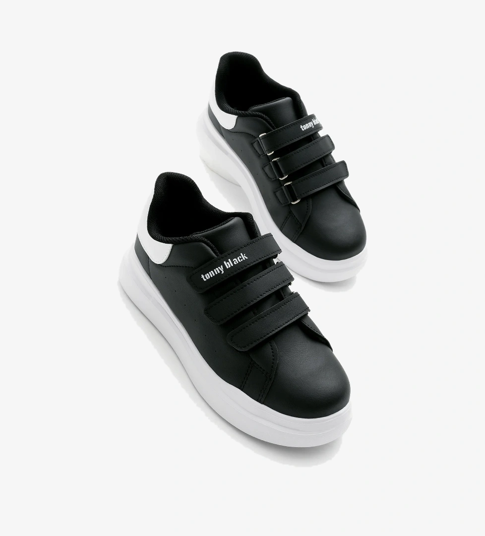 Çocuk Unisex Siyah Beyaz Eva Faylon Taban Üç Cırtlı Spor Ayakkabı