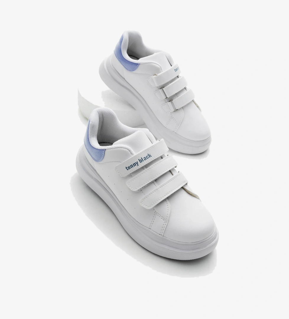 Çocuk Unisex Beyaz Mavi Eva Faylon Taban Üç Cırtlı Spor Ayakkabı - Görsel 1