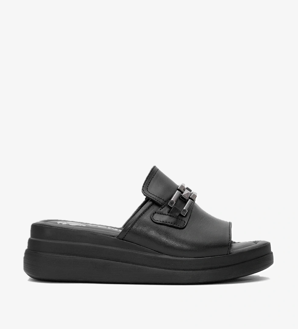 2409915Y Kadın Hakiki Deri Dolgu Topuk Terlik Siyah - Görsel 1