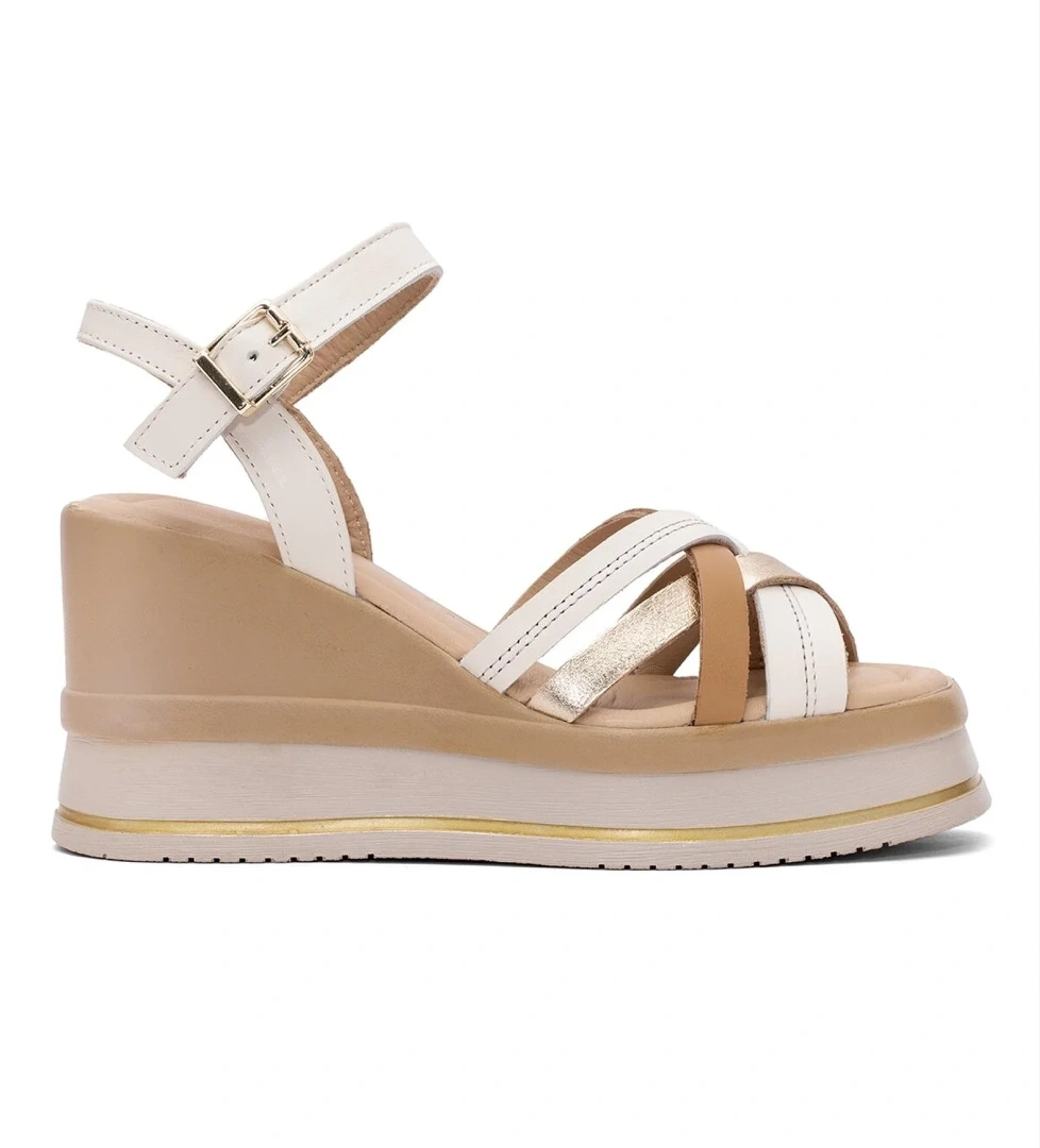 2510902Y Kadın Hakiki Deri Dolgu Topuk Sandalet Bej