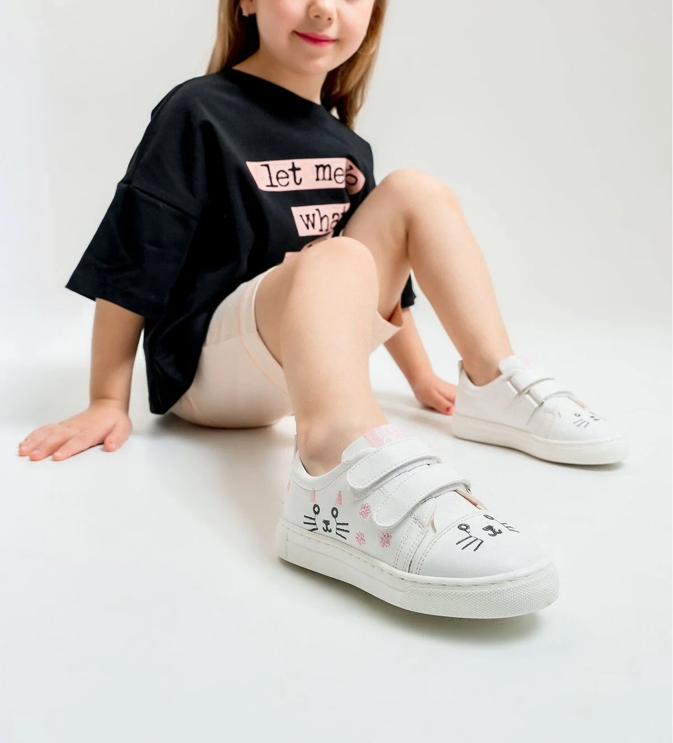 Kız Çocuk Beyaz Kedili Sneaker Ayakkabı