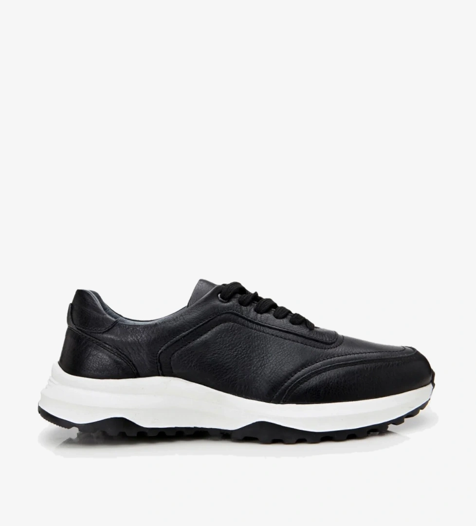 Erkek Deri Siyah Yumuşak Tabanlı Spor Ayakkabı