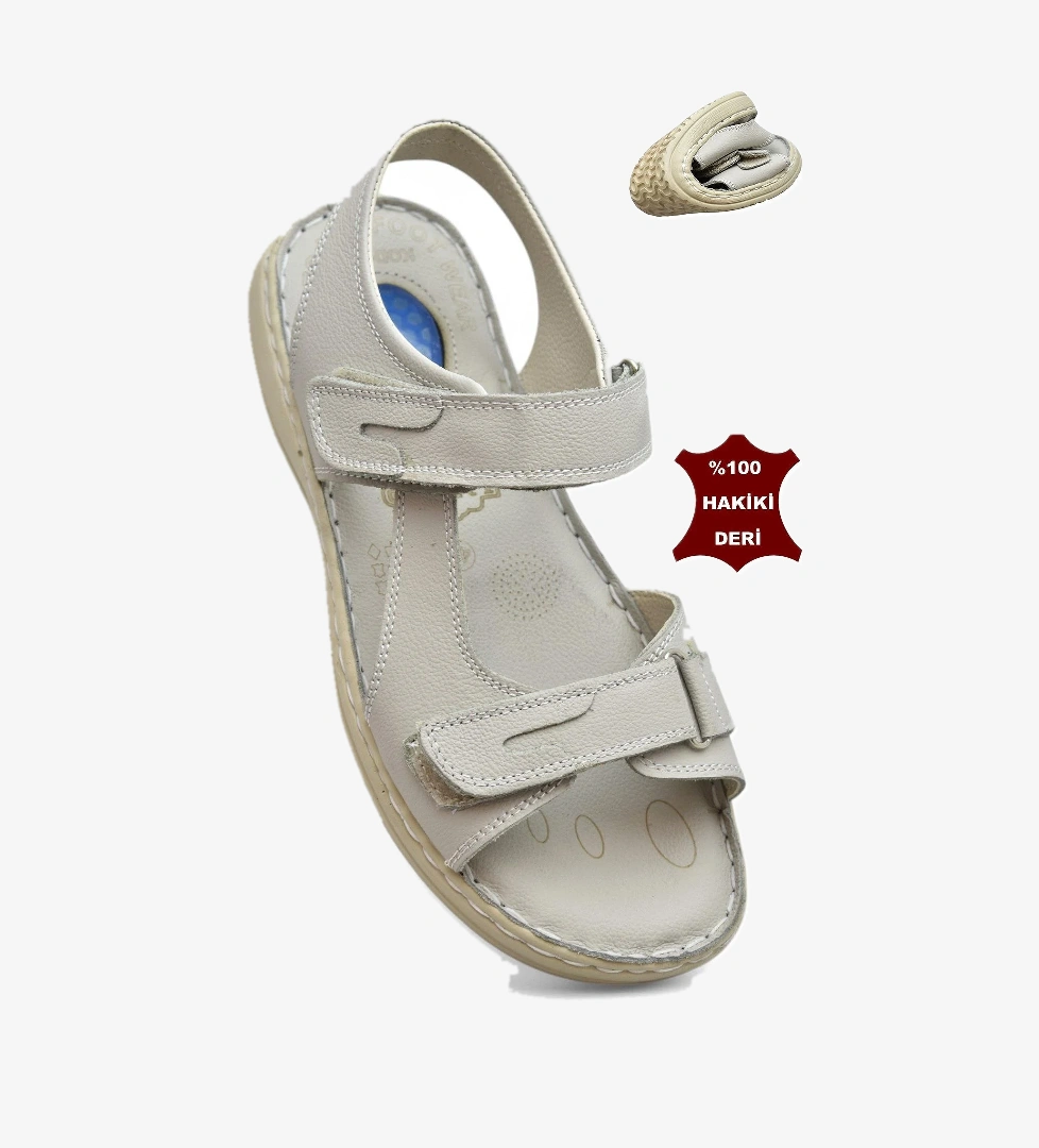 088 Topuk Jelli Tam Ortopedik Taban Hakiki Deri Erkek Sandalet Cırtlı Sandalet - Görsel 1